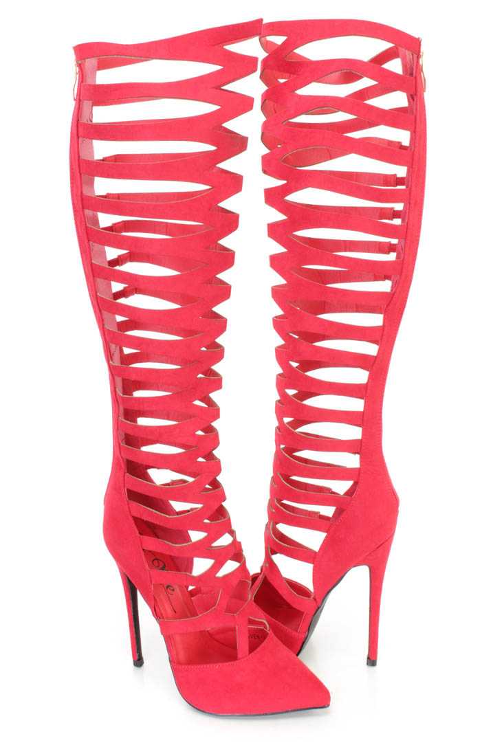 Red Pointy Toe Gladiator High Heel Boots