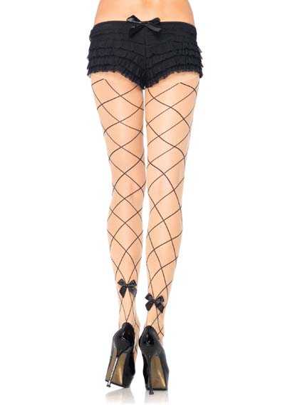 Nude Black Sheer Faux Jumbo Net Satin Bow Accent Pantyhose