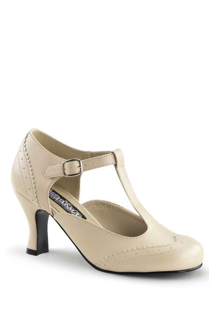 Cream T Strap Winged Toe High Heels Faux Leather