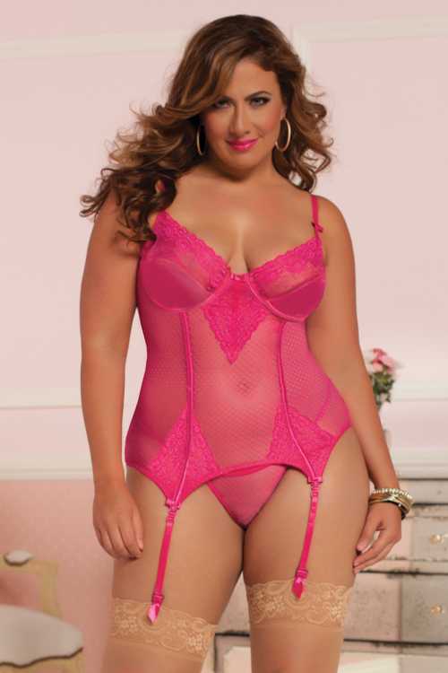Magenta Sexy Bustier Thong Intimates Set Plus Size