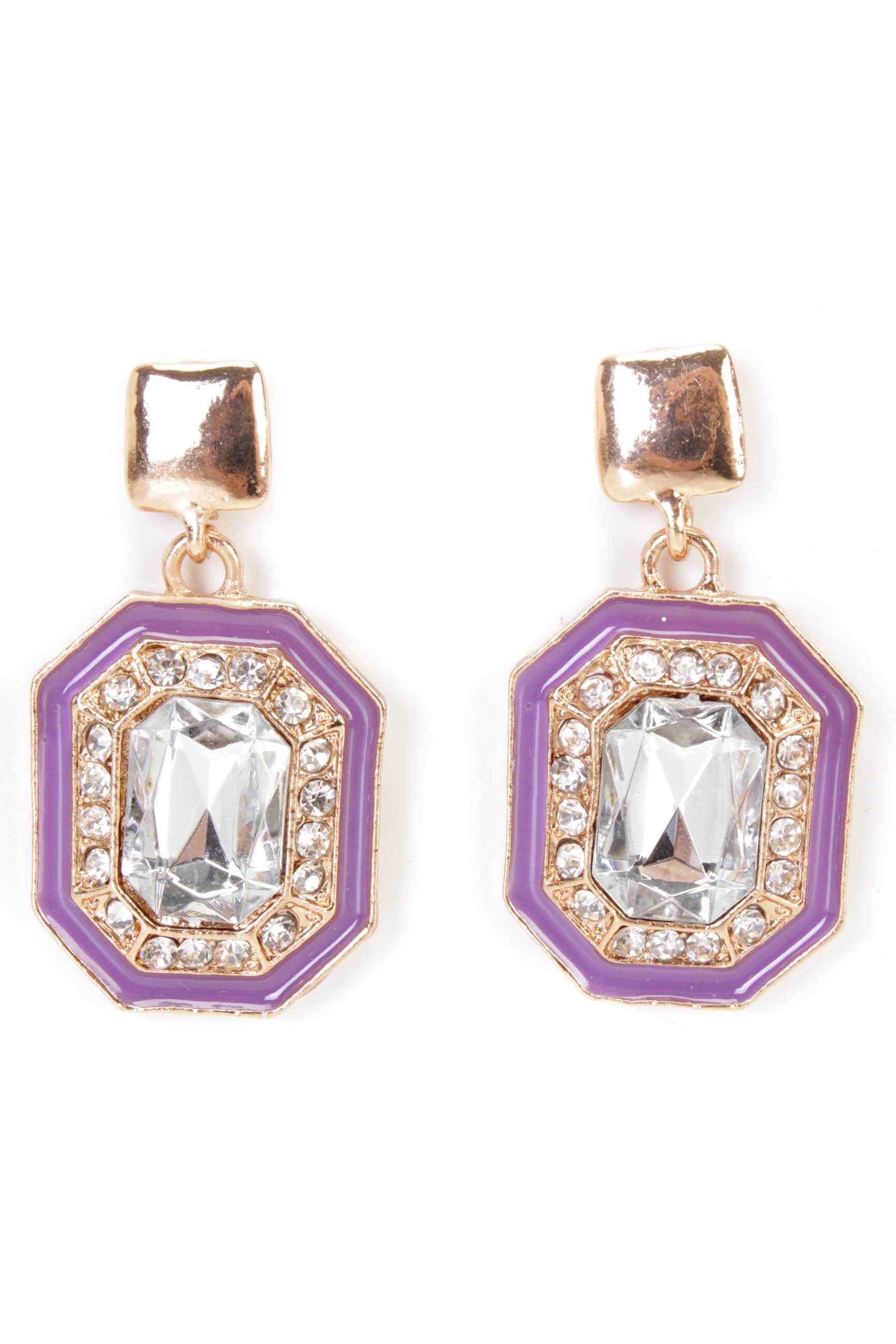 Purple Gold Rhinestone Accent Dangle High Polish Metal Earrings