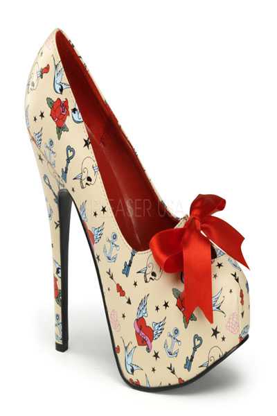 Cream Faux Leather Tattoo Printed Decor Pumps