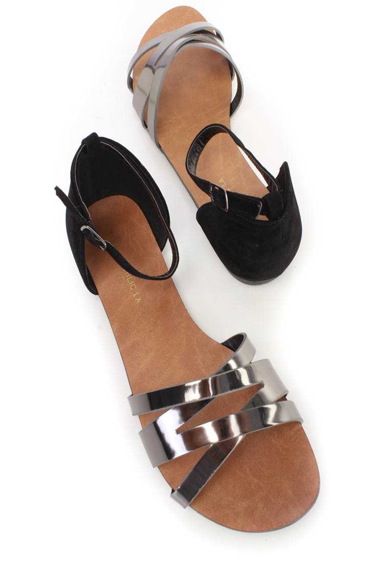 Black Strappy Detailing Open Toe Sandals Faux Leather