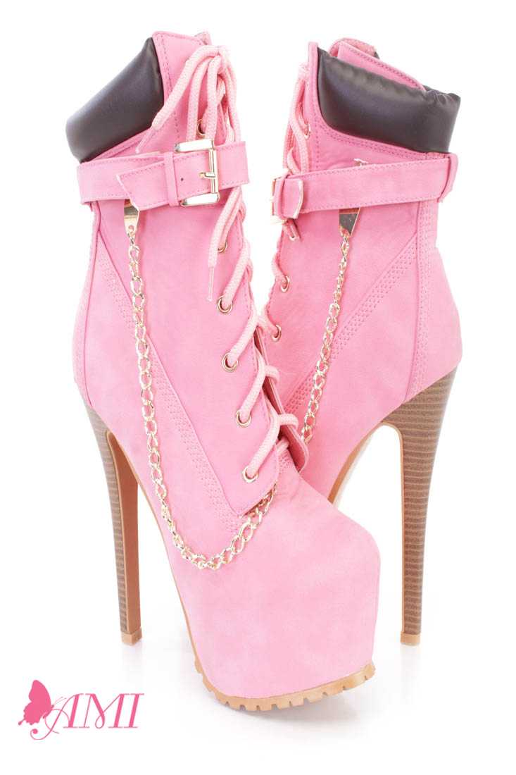 Pink Lace Up Chain Strap Platform Booties Faux Leather