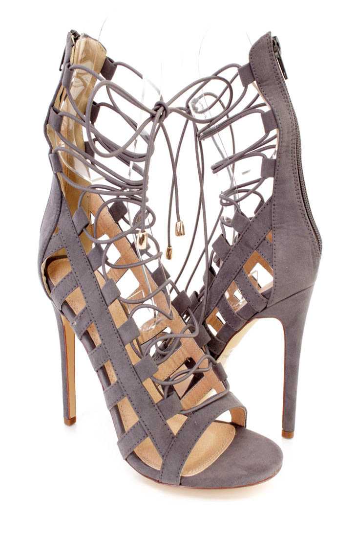 Charcoal Wrap Around Strappy Single Sole High Heels Faux Suede