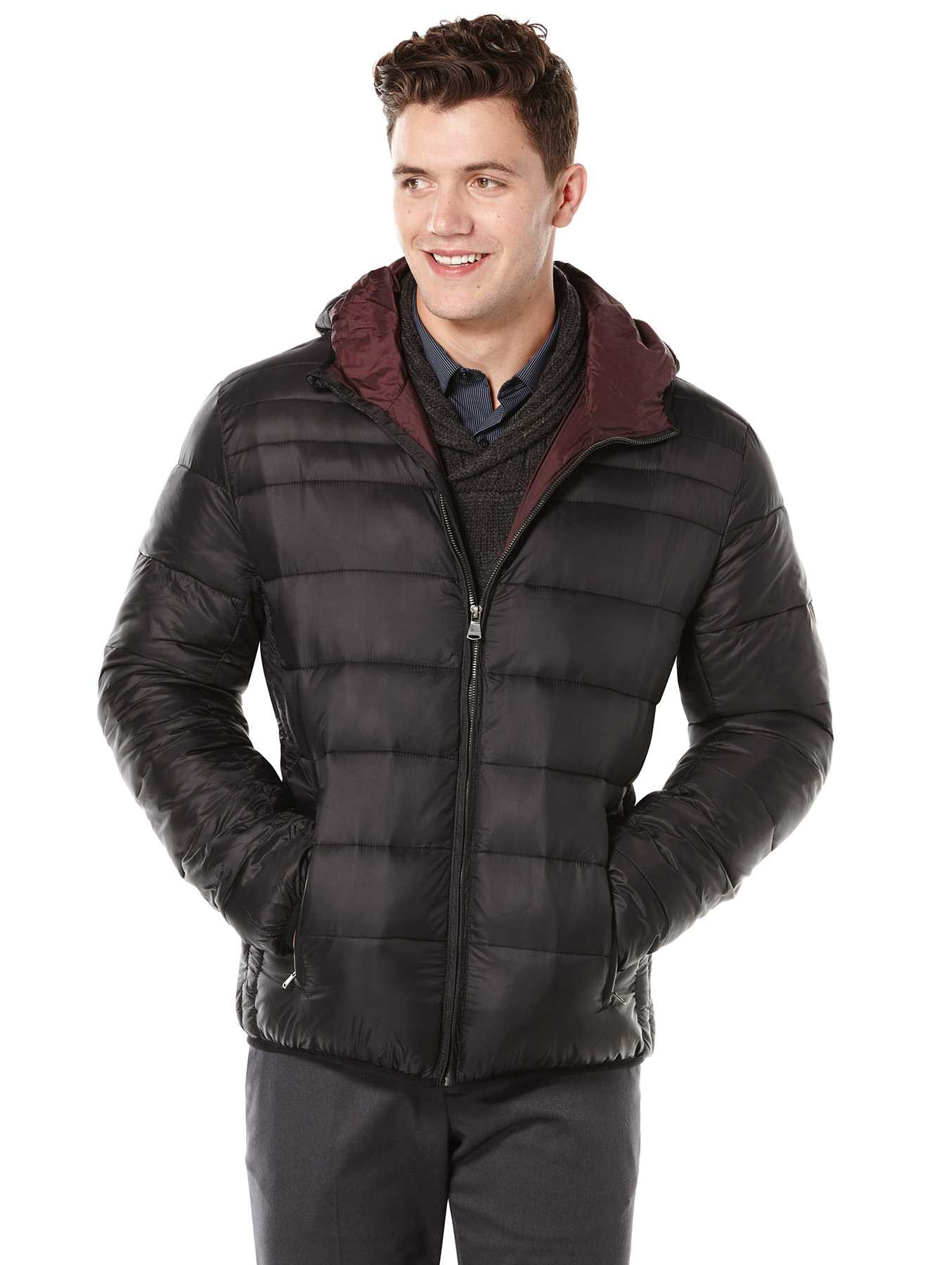Perry Ellis Hooded Zip Front Puffer Jacket