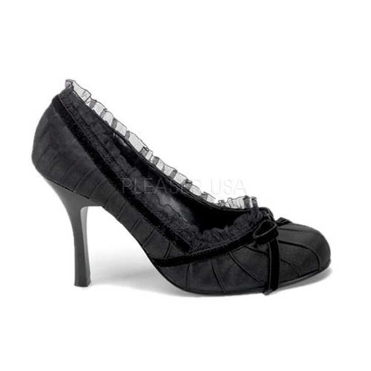 Black Satin Ruffle Trim Pump High Heels