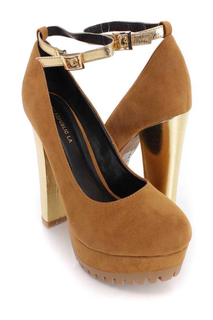Chestnut Platform Metallic Chunky High Heels Faux Suede