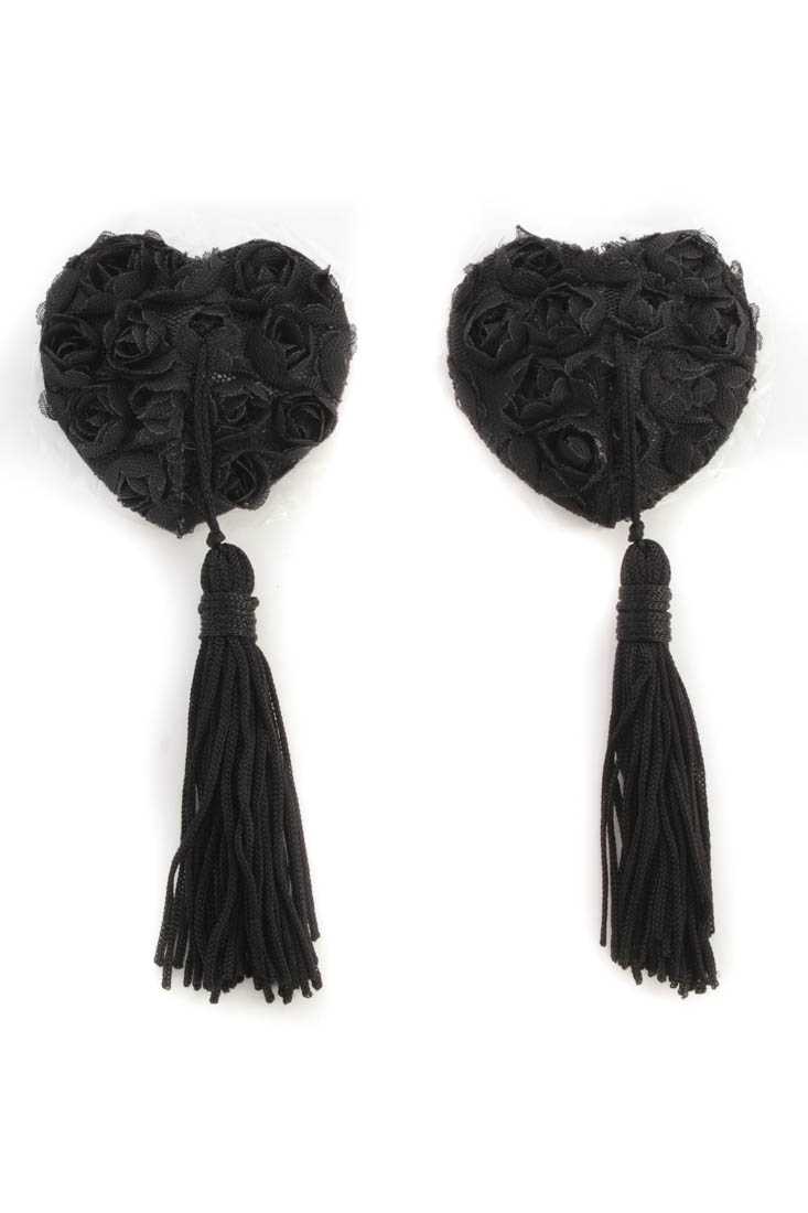 Black Heart Shaped Rose and Tassel Design Pasties
