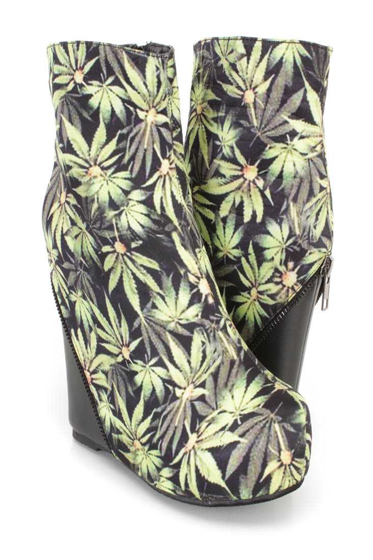 Green Herbal Leaf Pattern Wedge Booties Fabric