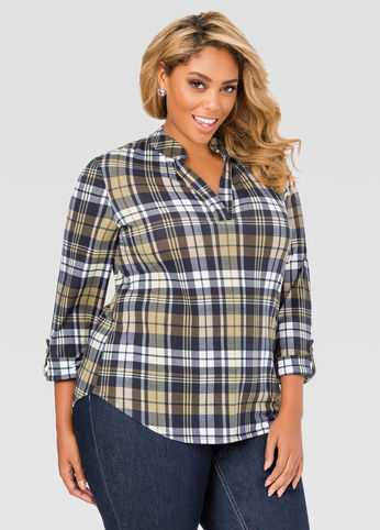 Button Tab Hi-Lo Plaid Shirt