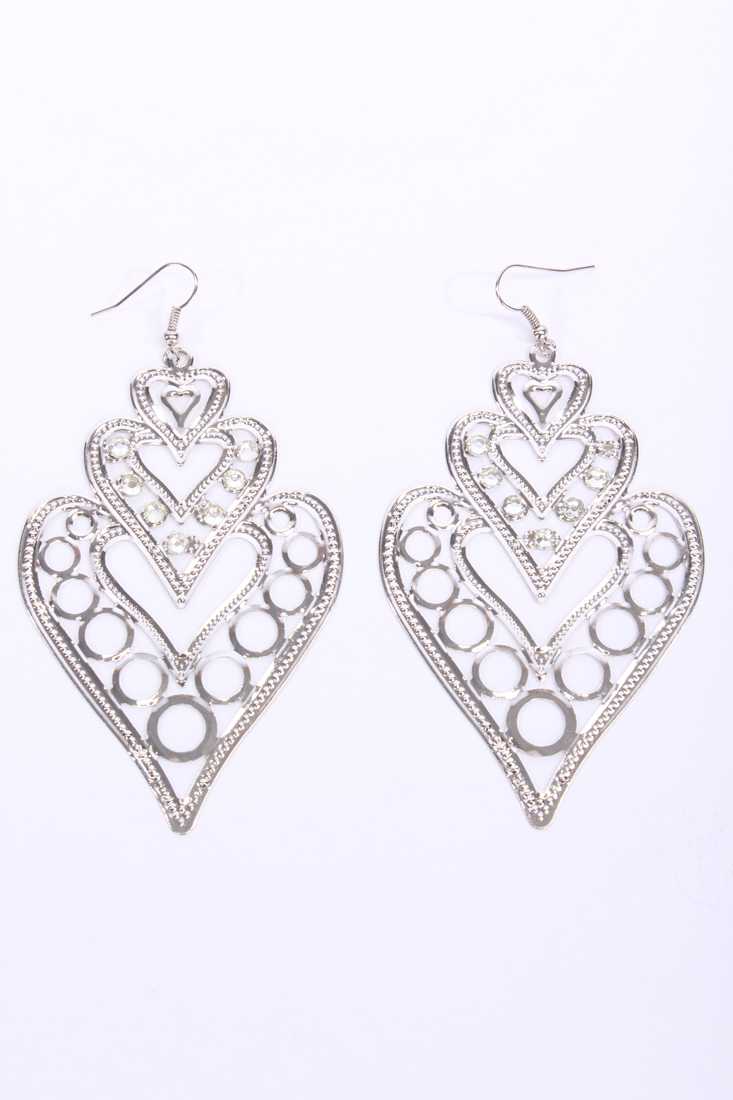 Silver Rhinestone Vintage Heart Shape Dangle Earrings