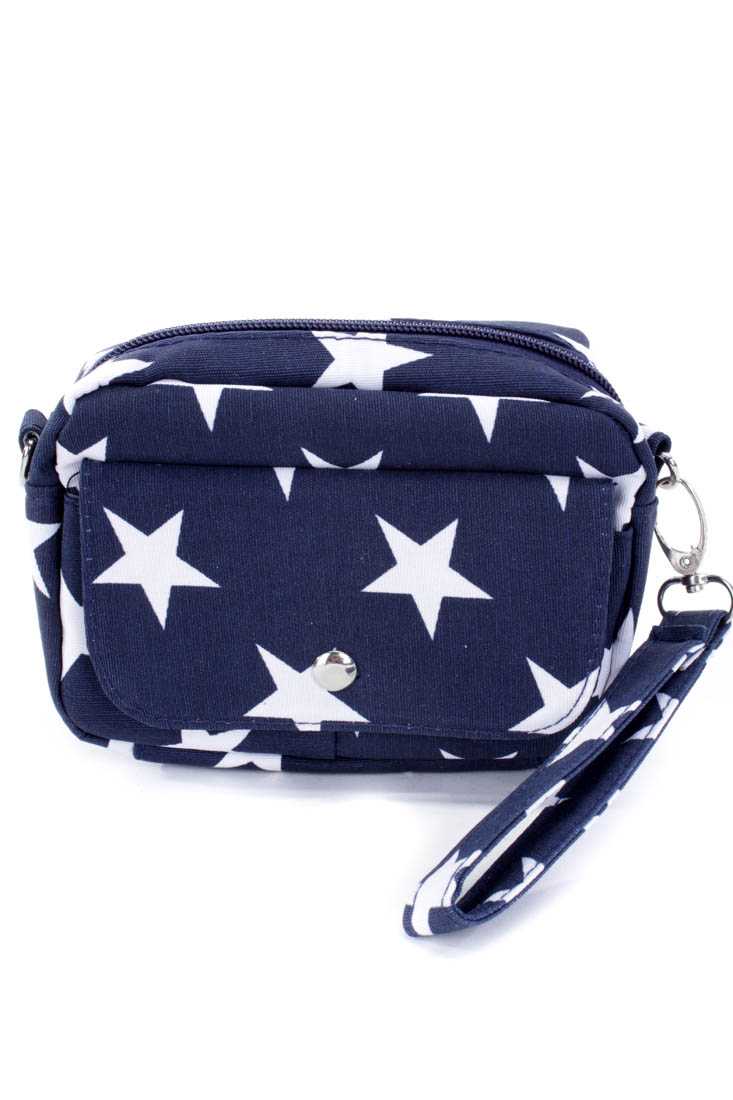Navy Strap Print Canvas Mini Cross Body Handbag