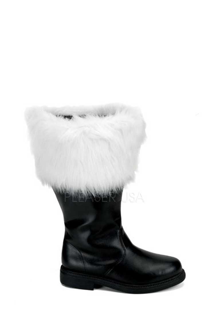 Black White Faux Fur Cuffed Wide Width Santa Boots Faux Leather