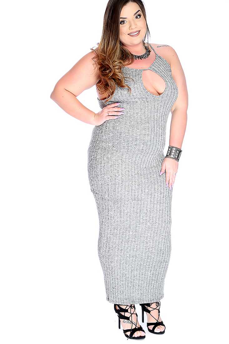 Sexy Grey Knitted Racer Back Plus Size Party Dress