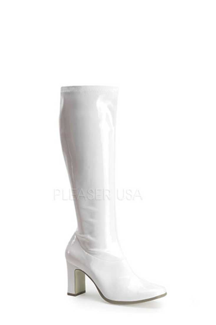 White Chunky Heel GoGo Boots Patent Faux Leather
