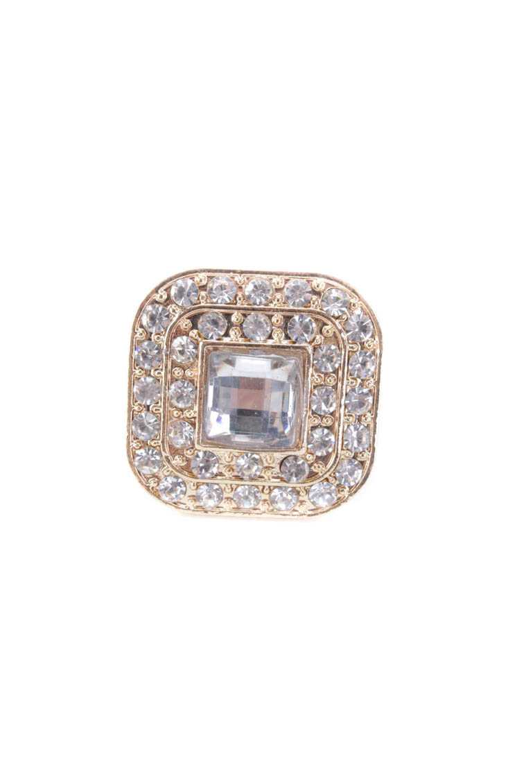 Gold Rhinestone Detailing High Polish Square Ring