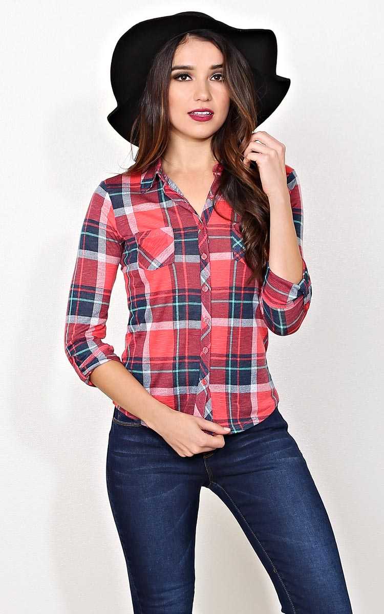 Lydia Plaid Button Up - MED - Coral Combo in Size Medium by Styles For Less