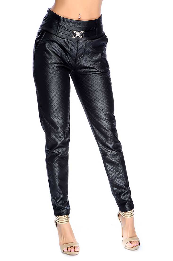 Black Faux Leather Quilted Print Pants