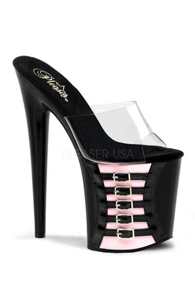 Clear Baby Pink Black Buckled High Heels