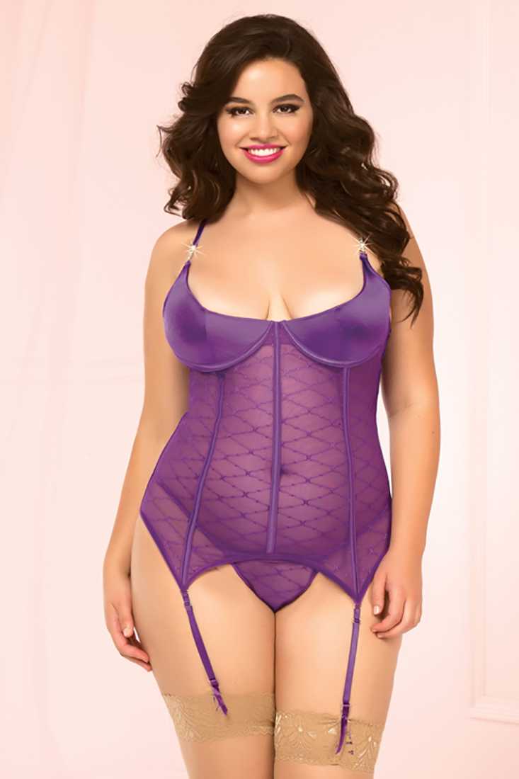 Purple Diamond Mesh Satin Bustier Plus Size