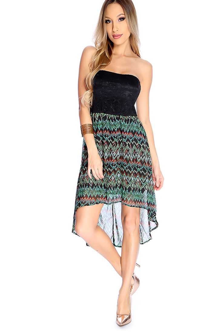 Sexy Green Black Chevron Print Strapless High Low Party Dress