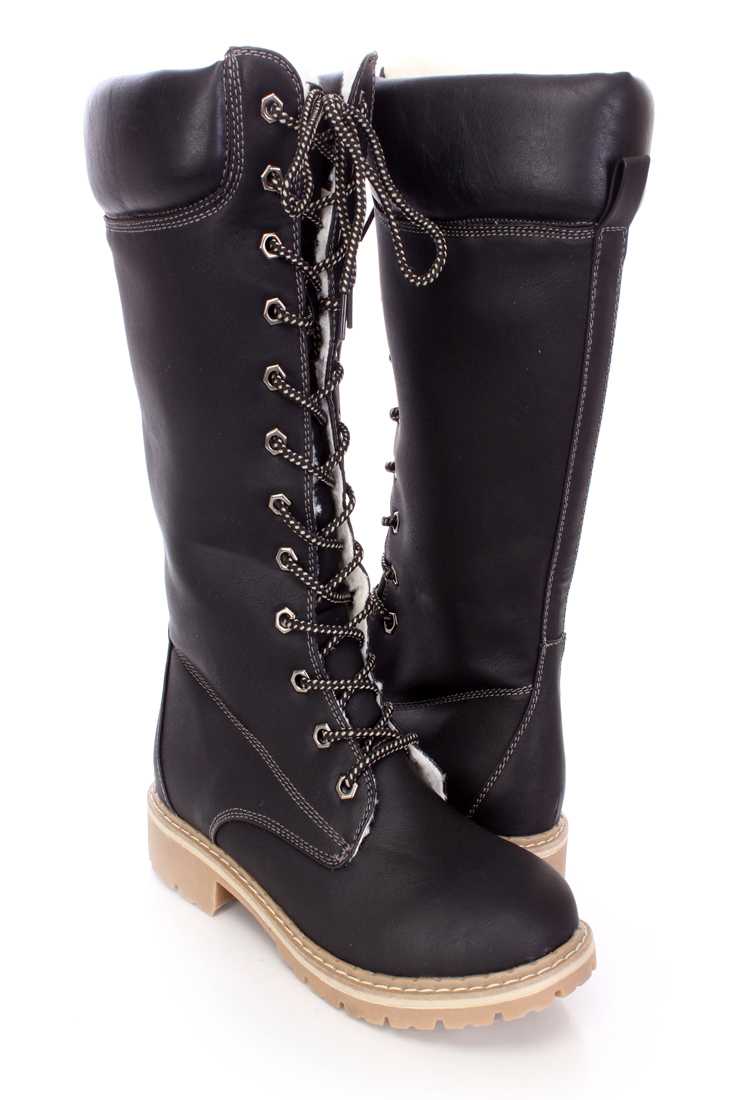 Black Lace Up Mid Calf Boots Nubuck