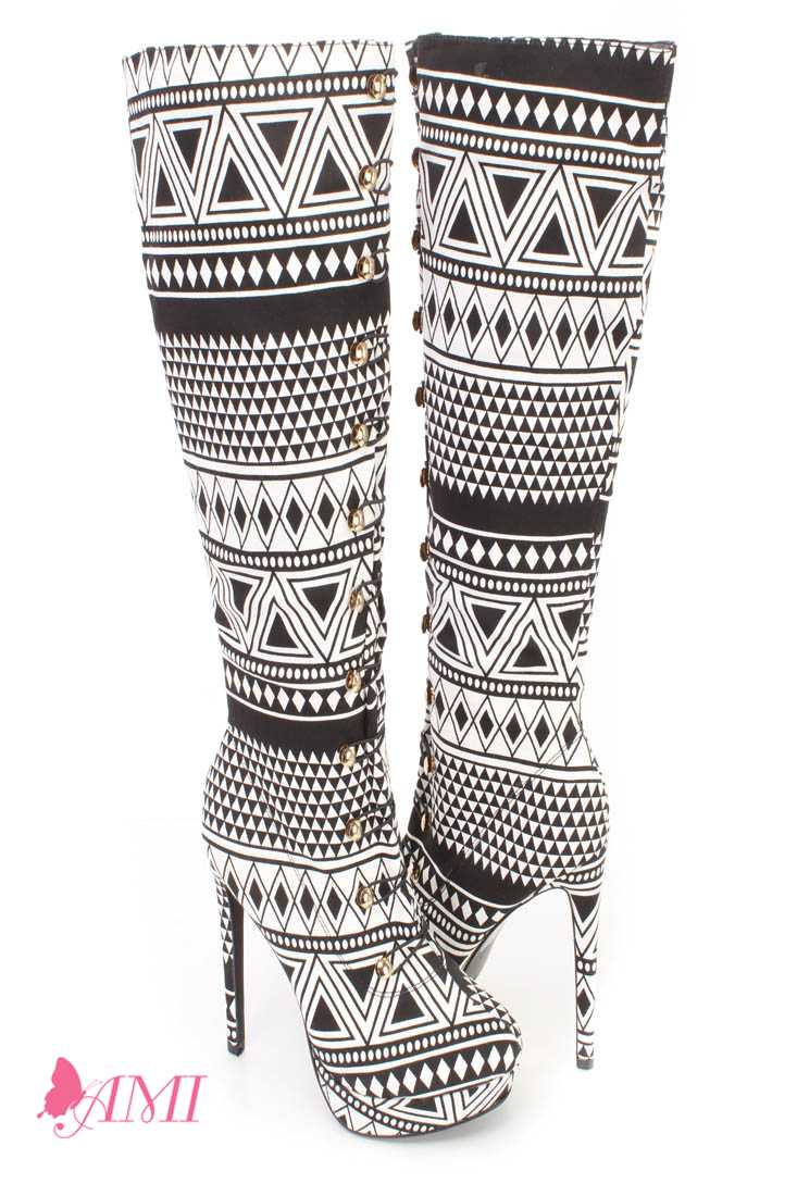 Black White Tribal Print Hook Loop High Heel Boots Fabric