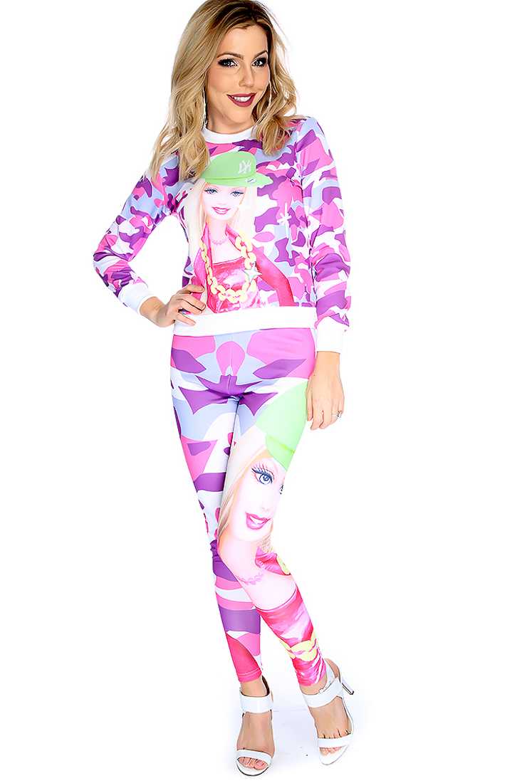 Stylish Purple Long Sleeve Camouflage Doll Print 2 Piece Outfit