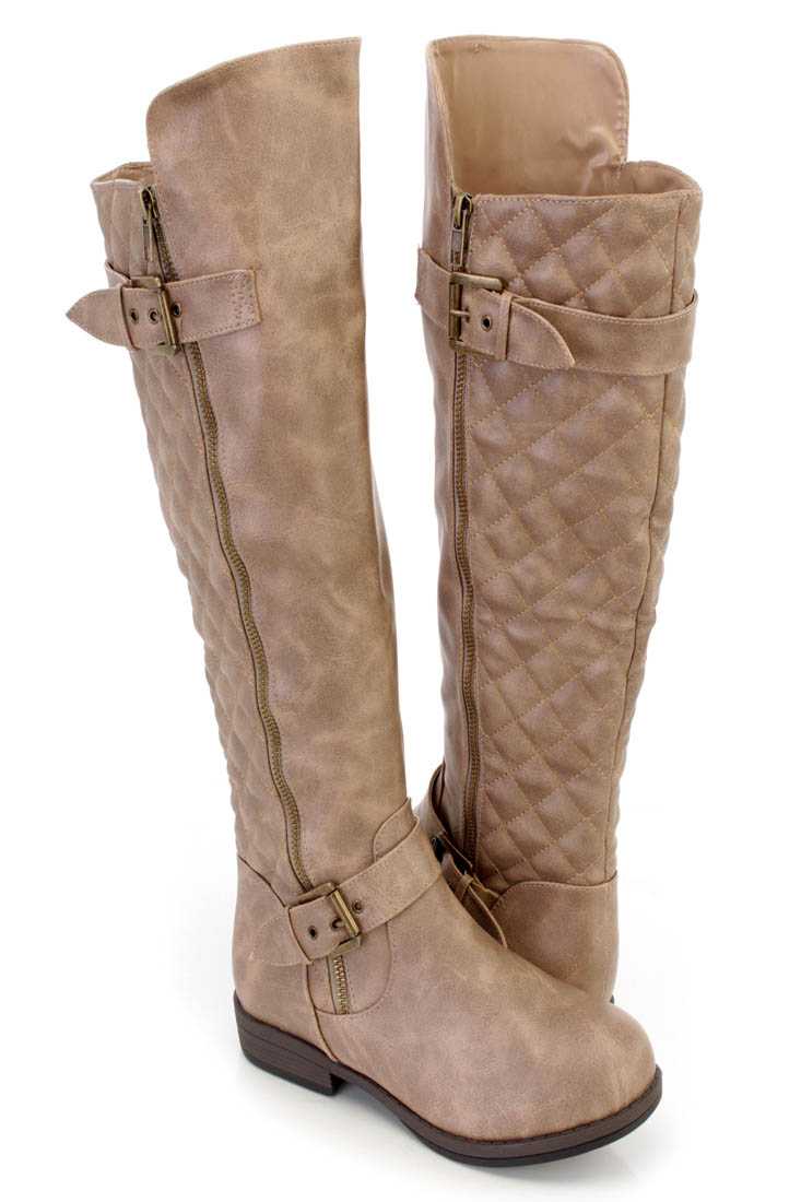 Taupe Stitched Quilted Knee High Riding Boots Faux Leather