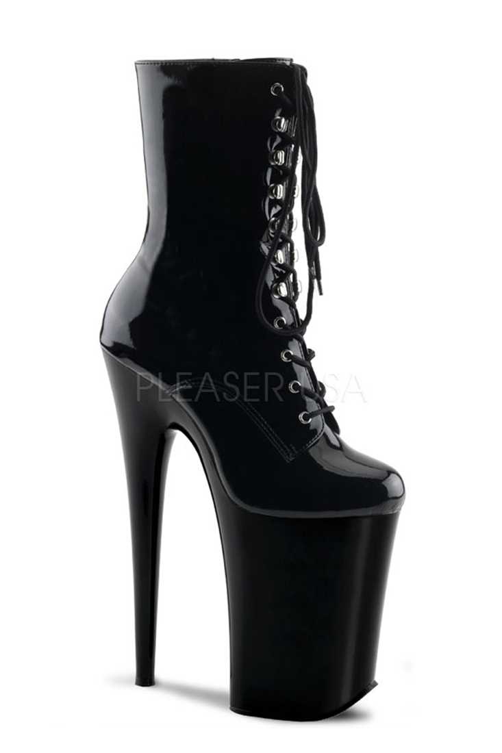 Black Lace Up Ankle Paltform High Heel Booties Patent