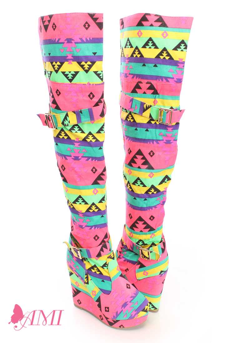 Fuchsia Tribal Print Thigh High Wedge Boots Canvas