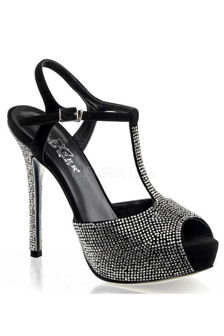 Black Rhinestone T Strap Peep Toe Heels Faux Suede