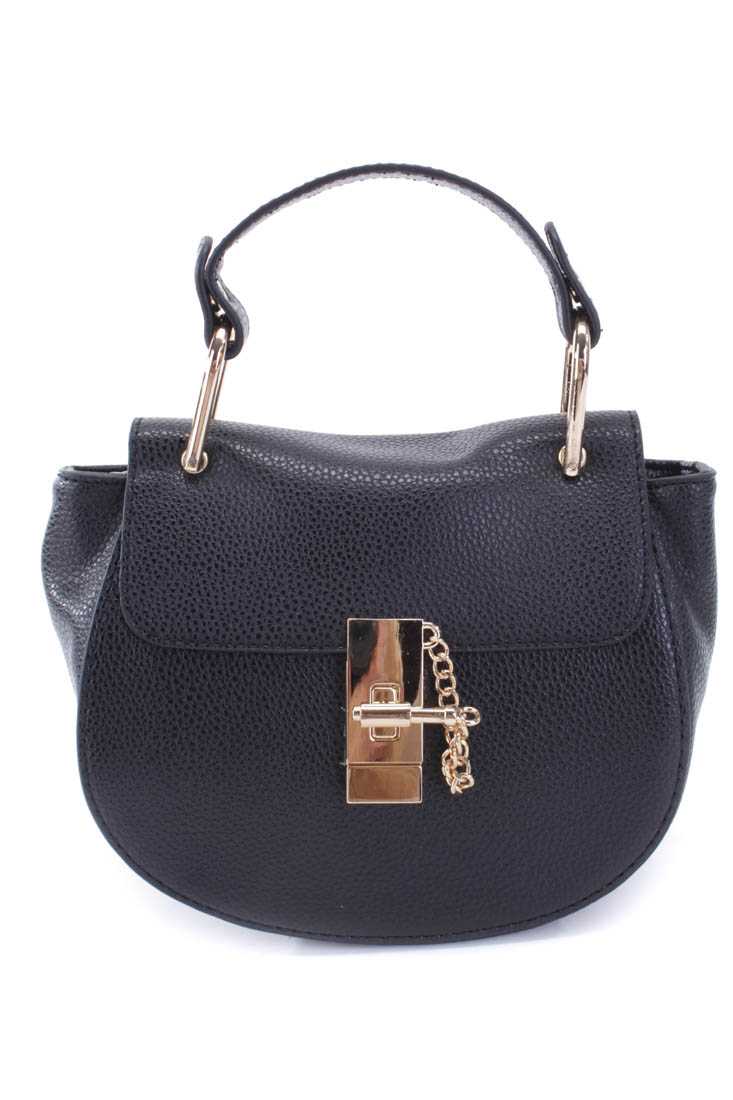 Black Crinkled Faux Leather High Polish Twist Lock Handbag