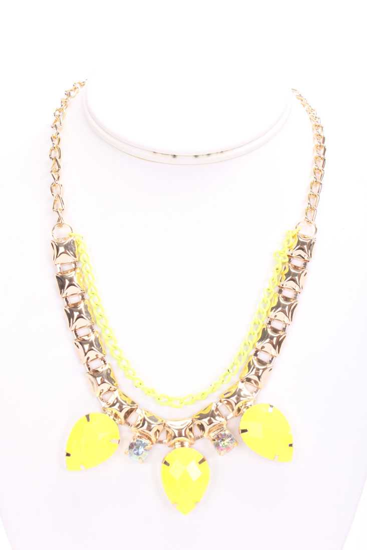 Neon Yellow High Polish Metal Cascading Faceted Beaded Necklace