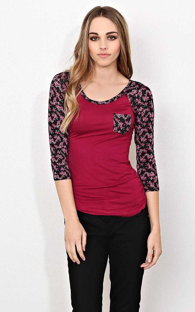 Bed Of Roses Ruched Raglan Knit Top - MED - Wine Combo in Size Medium by Styles For Less