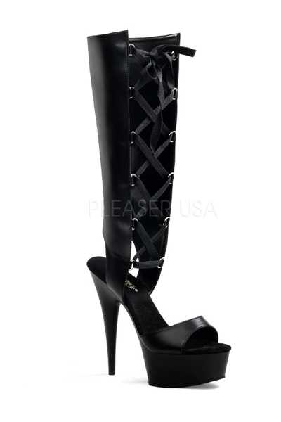 Black Faux Leather Lace Up Open Toe High Heels