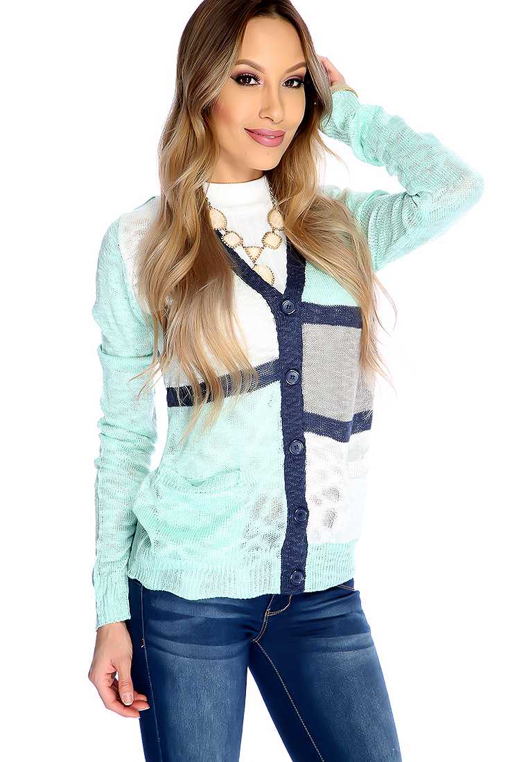 Mint Navy Colorblock Knitted Button Up Cardigan
