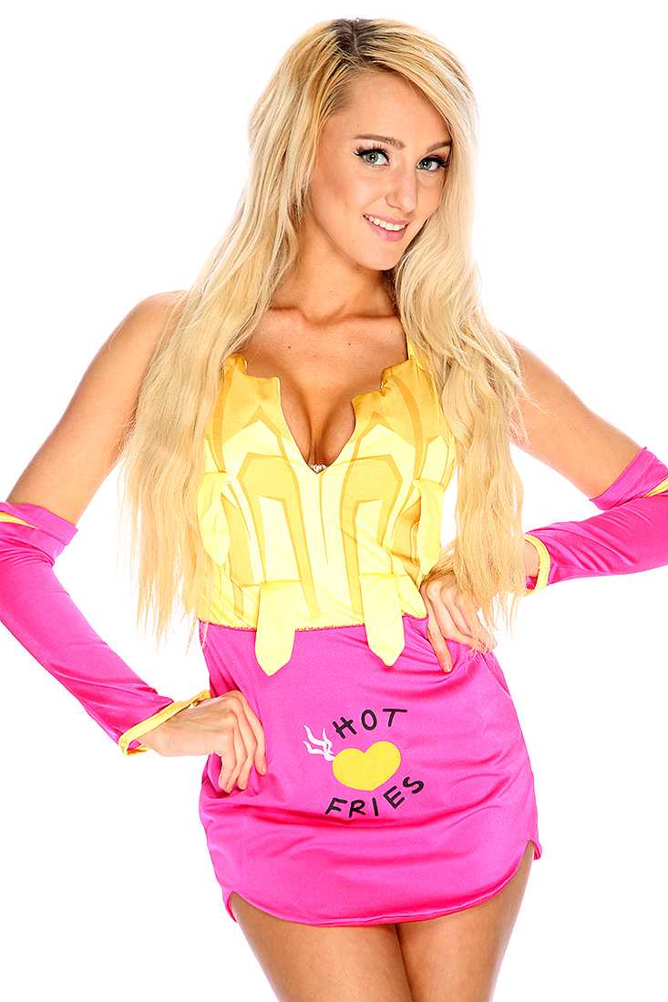 Sexy Yellow Pink Fries Print Sleeves Costume