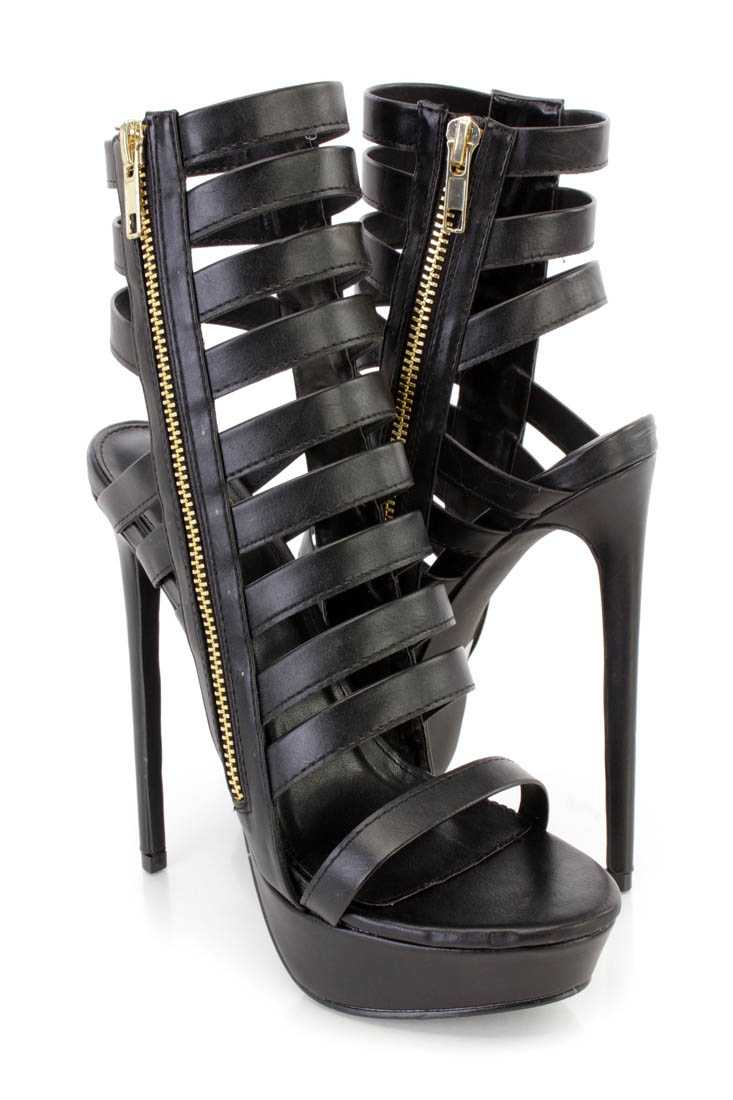 Black Strappy Platform High Heel Booties Faux Leather