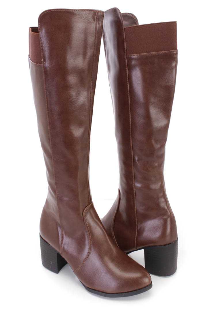 Brown Knee High Chunky Heel Boots Faux Leather