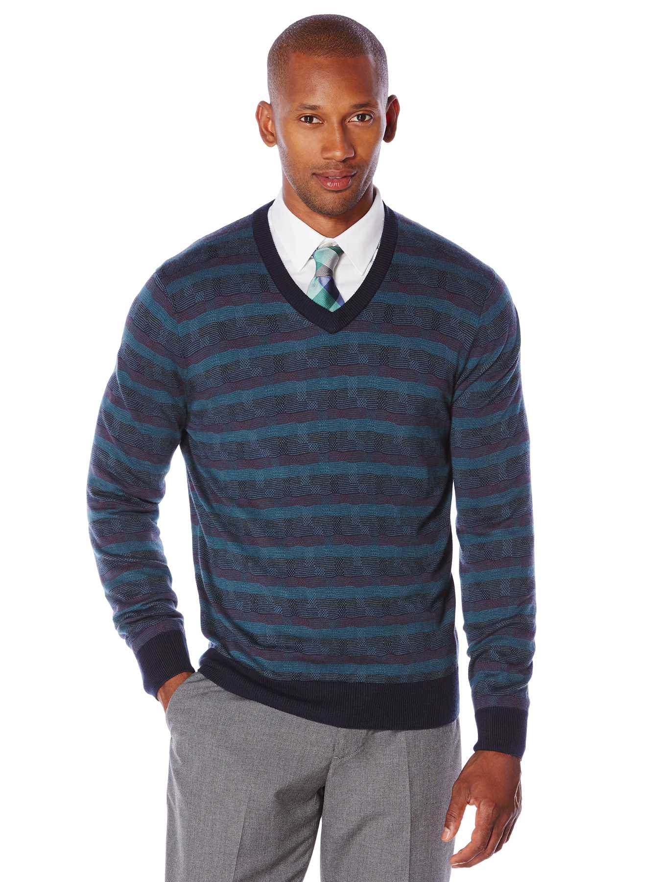 Perry Ellis Multi Color Pattern V-Neck Sweater