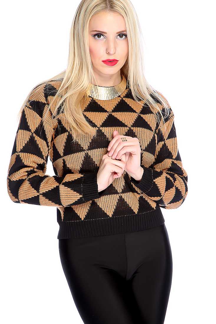 Tan Black Triangle Knitted Sweater Top
