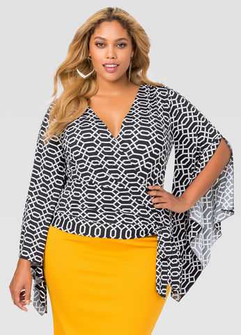 Printed Bell Sleeve Tie Front Top