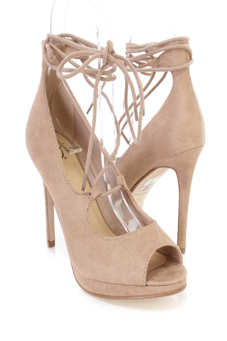Light Taupe Peep Toe Wrap Around Tie High Heels Faux Suede