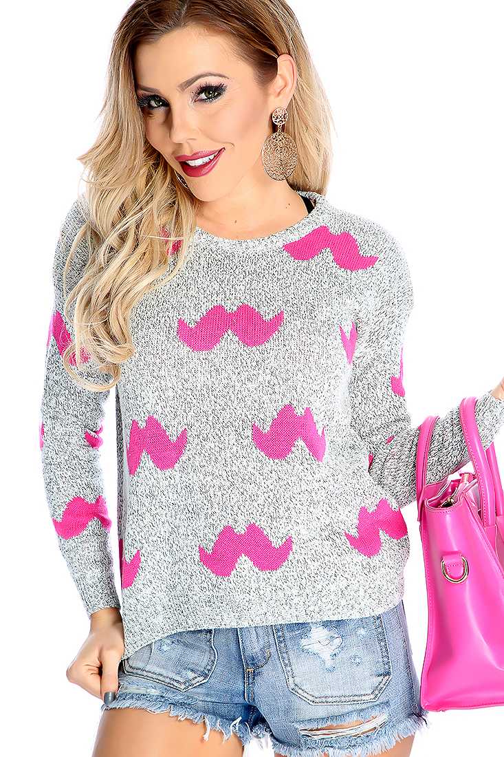 Stylish Fuchsia Grey Long Sleeve Mustache Print Fitted Sweater Top