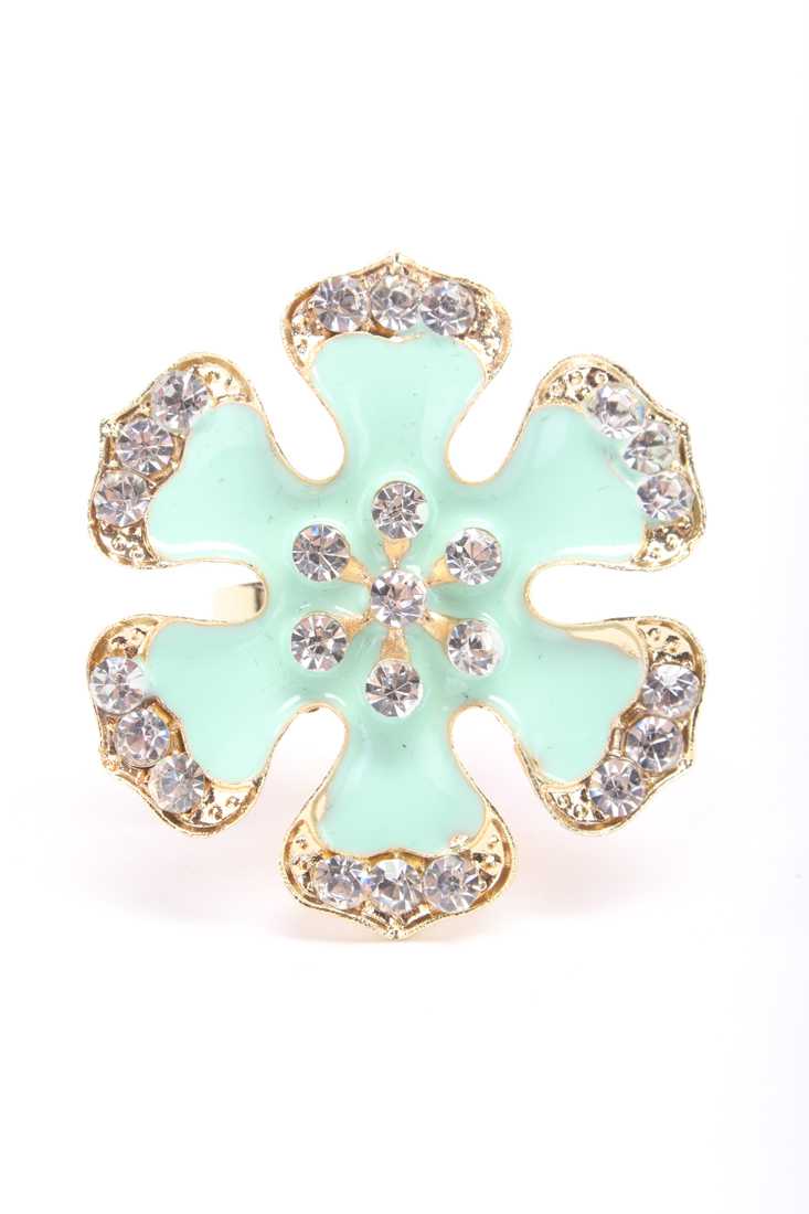 Gold Mint Faux Diamond Petal Outlined High Polish Flower Ring