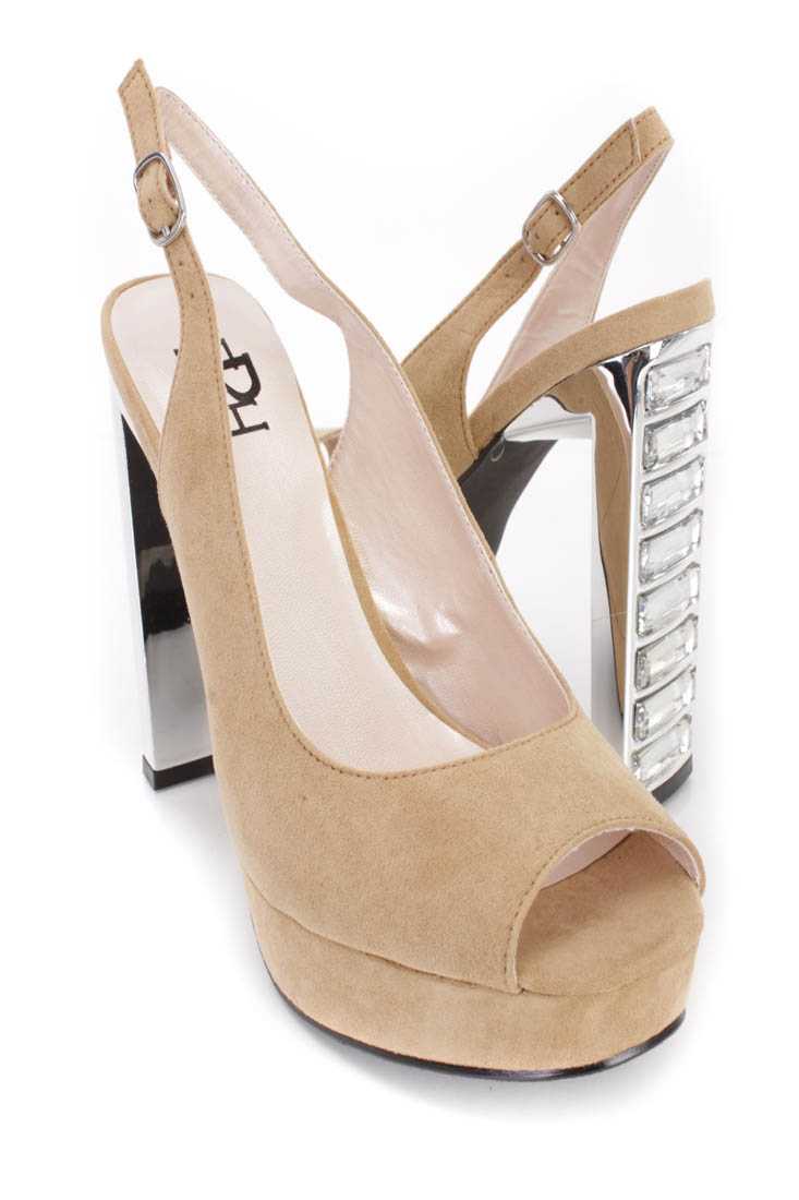 Camel Peep Toe Slingback Gemstone High Heels Faux Suede