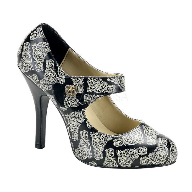 Black Cream Filigree Print Maryjane High Heels