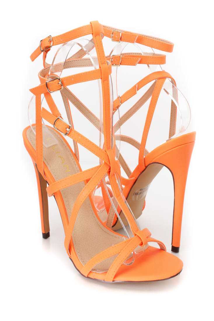 Neon Orange Strappy Single Sole High Heels Faux Leather